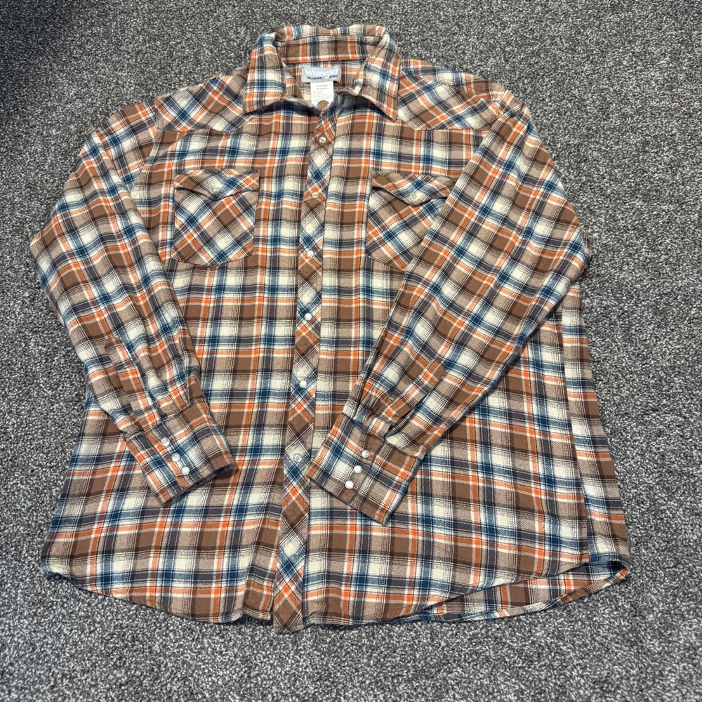 Wrangler Wrancher Shirt Mens XL Brown Blue Plaid Cotton Pearl Snap Long Sleeve